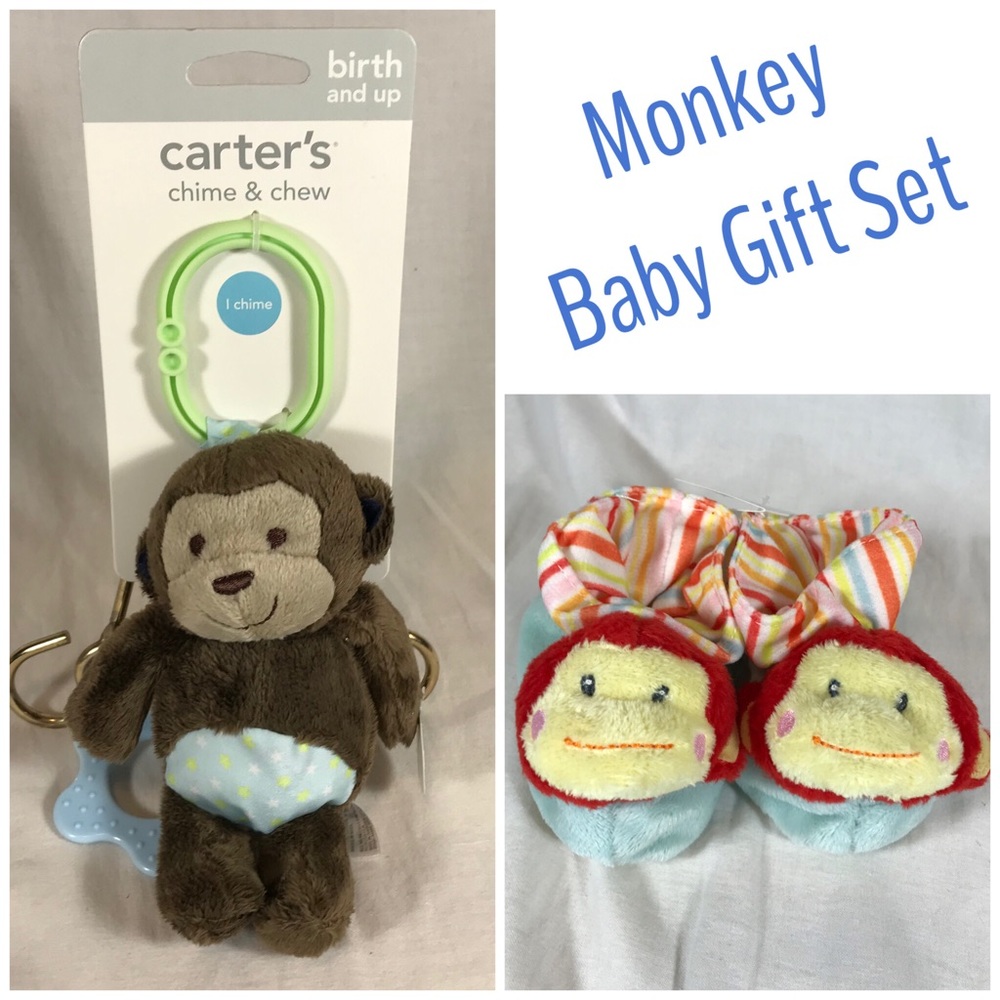 Monkey Baby Shower Gift Set Plush Booties Rattle